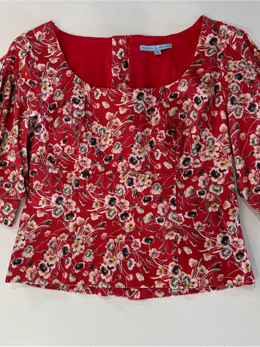 Antonio Melani Red Floral Cotton Puff Sleeved Cropped Peplum top
